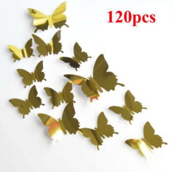 120 Pcs 3D Butterfly Mirror Wall Sticker Removable Gold Silver Butterfly Mural Decal DIY Art Ornaments for Wedding Party Decor