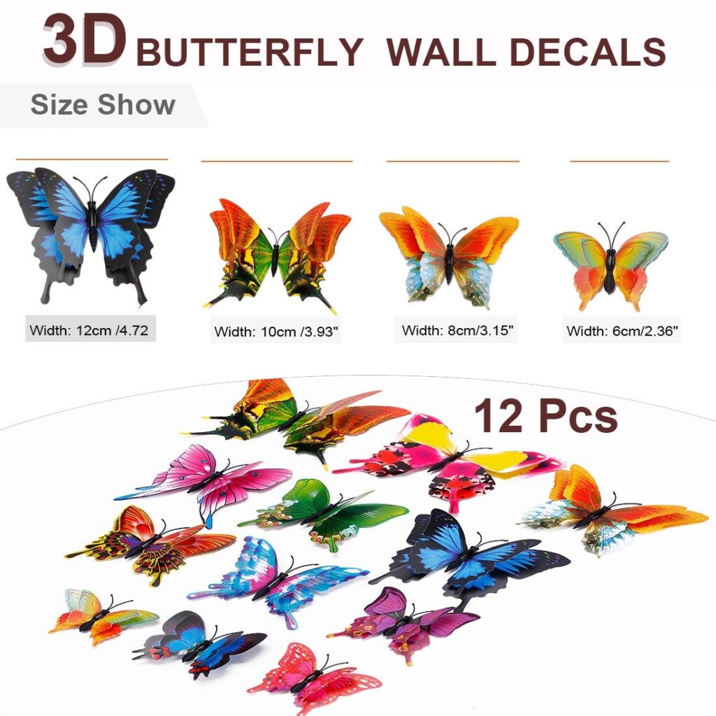 12pcs 3D Butterfly Wall Sticker Decal w Sticker for DIY Bedroom Decor ...